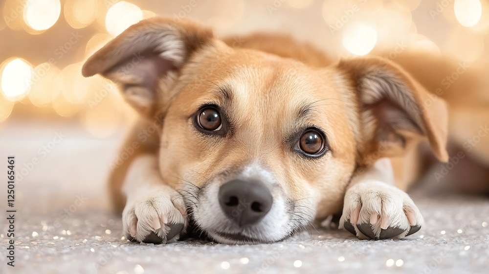 Poster adorable dog with expressive eyes and soft fur relaxing indoors : generative ai