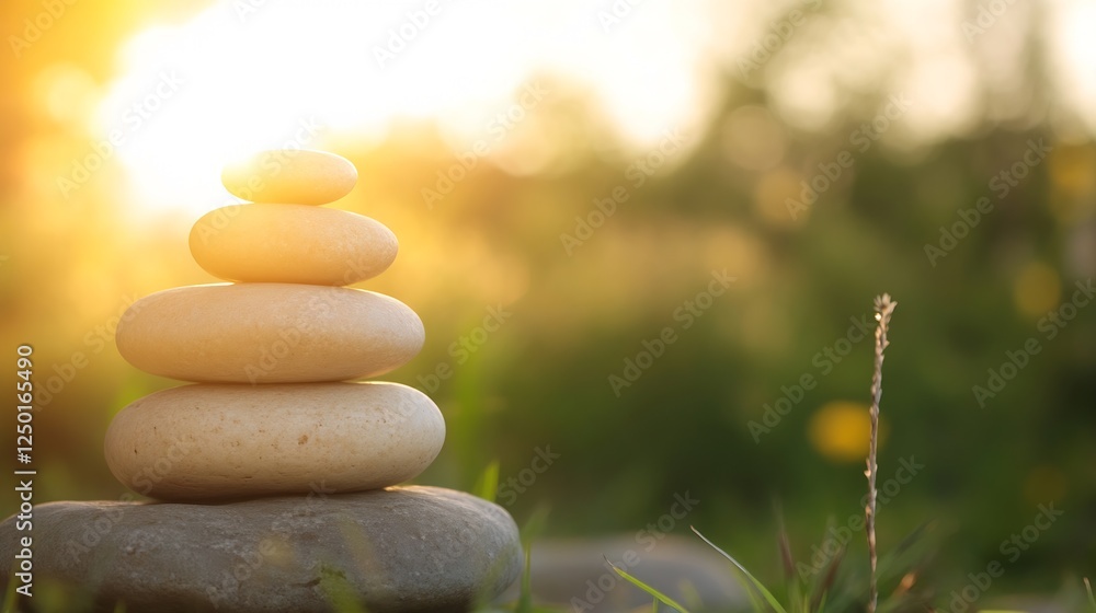 Poster perfectly stacked stones symbolizing balance and tranquility in nature : generative ai