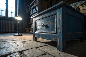 Midnight Blue Nightstand: Rustic Oak & Shadow Play in Documentary Photography