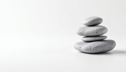 Serene Arrangement of Three Balanced Zen Stones on White Background