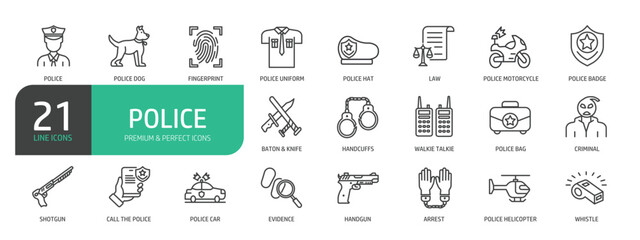 Set Of Police Line Icons. The set includes a Police Dog, Law, Baton & Knife, Handcuffs, Criminal, Shotgun, Evidence, Arrest, Handgun, Whistle, and more.