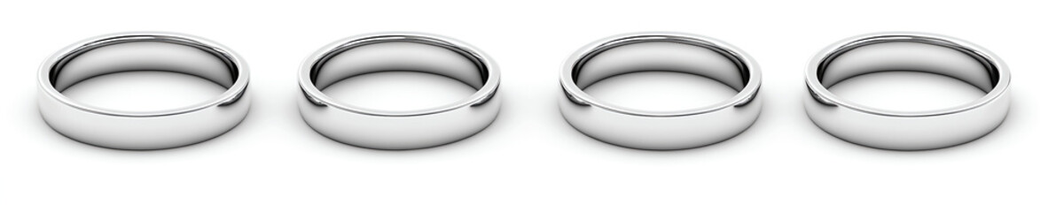 3D render of six different silver rings, isolated on a white background, high-resolution photography. 