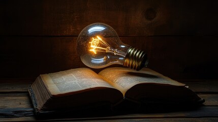Illuminated Ideas Antique Book and Glowing Bulb.