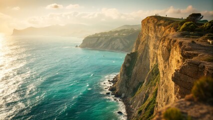 Fototapeta premium Miniature World: Sunlit Cliff Leaps Over Tuna, Tilt-Shift Photography