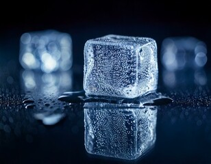 Close-up of a melting ice cube on a reflective surface, covered in water droplets, illuminated by soft blue lighting.