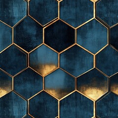Sophisticated geometric design featuring deep blue hexagons with gold outlines and subtle texture, perfect for luxurious backgrounds or decor