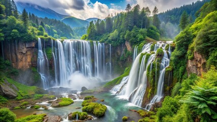Fototapeta premium Breathtaking panoramic view of Nuorilang Waterfall in Sichuan Province with mist-covered mountains and lush greenery , nuorilang waterfall, nature