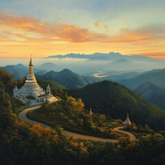 Serene Mountain Temple at Sunset