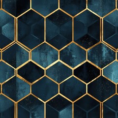 Sophisticated geometric design featuring deep blue hexagons with gold outlines and subtle texture, perfect for luxurious backgrounds or decor