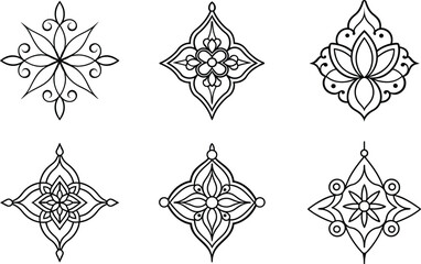 vector illustration of a decorative ornament. Six Intricate Black Line Mandala Designs. Six unique mandala designs in a clean, black line art style.