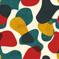 Dynamic retro-style pattern with irregular abstract shapes in teal, mustard, red, and black on a textured cream background