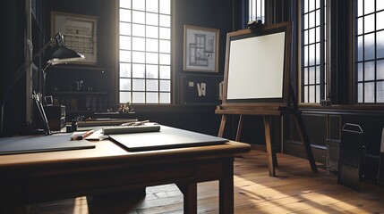 Sunlit artist's studio with easel, desk, and tools.