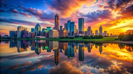 Fototapeta premium Dallas Skyline Sunset Reflection Trinity River Double Exposure Stock Photo