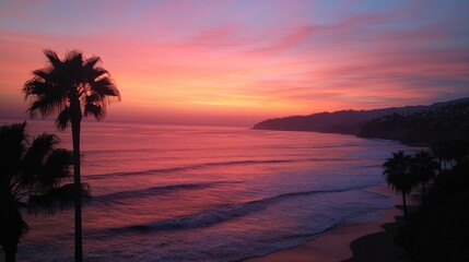 Fototapeta premium A vibrant sunset over the ocean, with palm trees silhouetted against colorful skies.