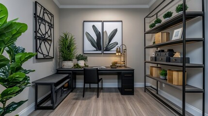 Modern home office with desk, chair, shelving, plants, and artwork.