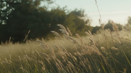 Obraz premium Golden Meadow Grass Field at Sunset
