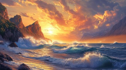 A vibrant sunset over turbulent ocean waves and rugged cliffs.