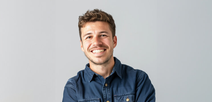 Caucasian adult man in his 20s to 40s in simple, professional clothing stand confidently against a white gray backdrop, radiating a relaxed and approachable vibe