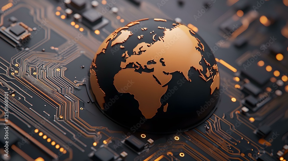 Poster a 3d rendered image of a metallic globe resting on a circuit board, representing global connectivity