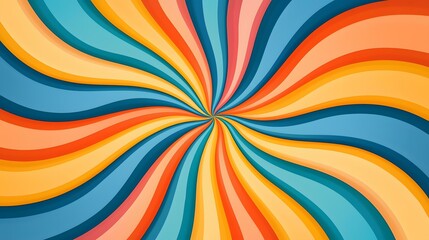 A swirling vortex of vibrant, retro-style color bands in shades of orange, teal, and yellow creates a dynamic, playful pattern.