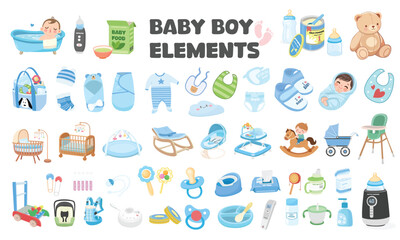 Baby element vector set in cartoon style. Baby boy item clipart in flat design. Baby shower concept.  Products, furniture for caring newborn baby or infant. Bathtub, highchair, bottle, clothes, shoes