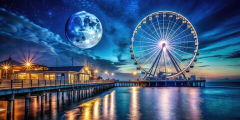 Urban exploration captures a majestic Ferris wheel's moonlit silhouette.