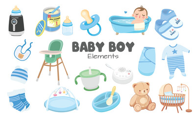 Baby element vector set in cartoon style. Baby boy item clipart in flat design. Baby shower concept.  Products, furniture for caring newborn baby or infant. Bathtub, highchair, bottle, clothes, shoes