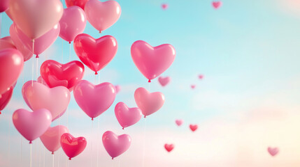 cascade of floating heart shaped balloons in various shades of pink against soft blue sky creates whimsical and romantic atmosphere