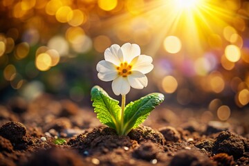 Delicate Primrose Flower Blooming on Brown Earth - First Spring Blossom