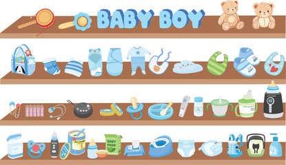 Baby element sticker vector set in cartoon style. Baby boy item clipart in flat design. Baby shower concept. Baby shop with wooden shelf and essential items, products for caring newborns. 