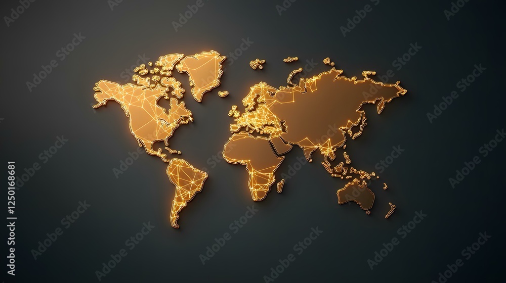 Poster the image contains a three-dimensional, gold-colored world map with glowing orange lines connecting 