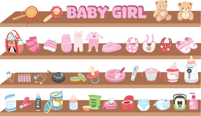Baby element sticker vector set in cartoon style. Baby girl item clipart in flat design. Baby shower concept. Baby shop with wooden shelf and essential items, products for caring newborns.