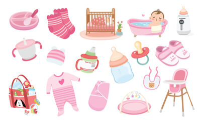 Baby element vector set in cartoon style. Baby girl item clipart in flat design. Baby shower concept.  Products, furniture for caring newborn baby or infant. Crib, bathtub, bottle, high chair, shoes