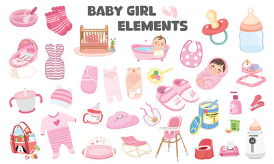 Baby element vector set in cartoon style. Baby girl item clipart in flat design. Baby shower concept.  Products, furniture for caring newborn baby or infant. Crib, bathtub, bottle, high chair, shoes