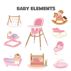 Baby element sticker vector set in cartoon style. Baby girl item clipart in flat design. Baby shower concept.  Products, furniture for caring newborn baby or infant. High chair, crib, swing chair