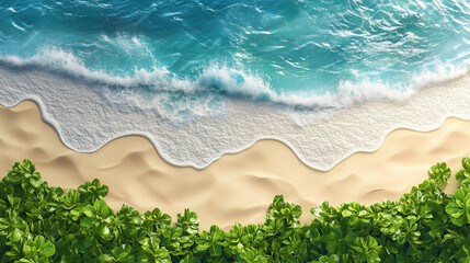 Fototapeta premium Serene Beach with Waves and Lush Greenery