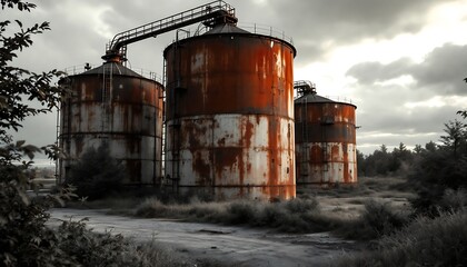 Rusty Industrial Silos: A Desaturated Landscape Photography
