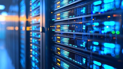 Data center server room; illuminated racks; background blurred