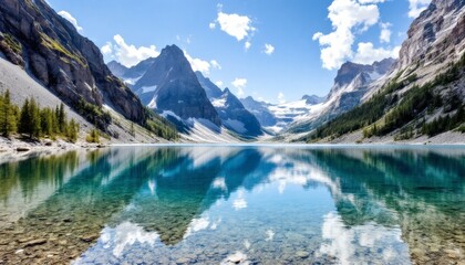 Serene Mountain Lake Reflecting Majestic Peaks and Sky