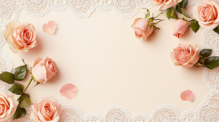 Delicate pink roses arranged on lace background create romantic and nostalgic atmosphere, perfect for Valentine Day or special occasions