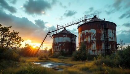 Fototapeta premium Rusty Industrial Sunset: Weathered Tanks at Golden Hour