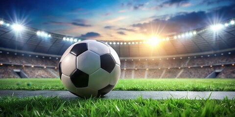 A soccer ball placed on a lush green field with a blurred stadium in the background, conveying a sense of isolation and focus on the game , football, green field