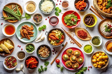 Delicious Chinese Food Top View:  Variety of Dishes on White Background with Copy Space for Menu or Recipe