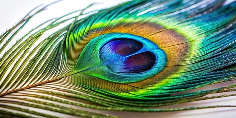 Macro Peacock Feather Photography: Stunning Close-up Images of Blue, Green, and iridescent Peacock Feathers on White