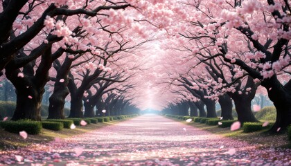 Fototapeta premium Serene Pathway Beneath Blooming Cherry Blossoms in Springtime
