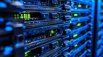 Naklejka premium Data center servers, network infrastructure, technology, glowing lights, background racks, IT