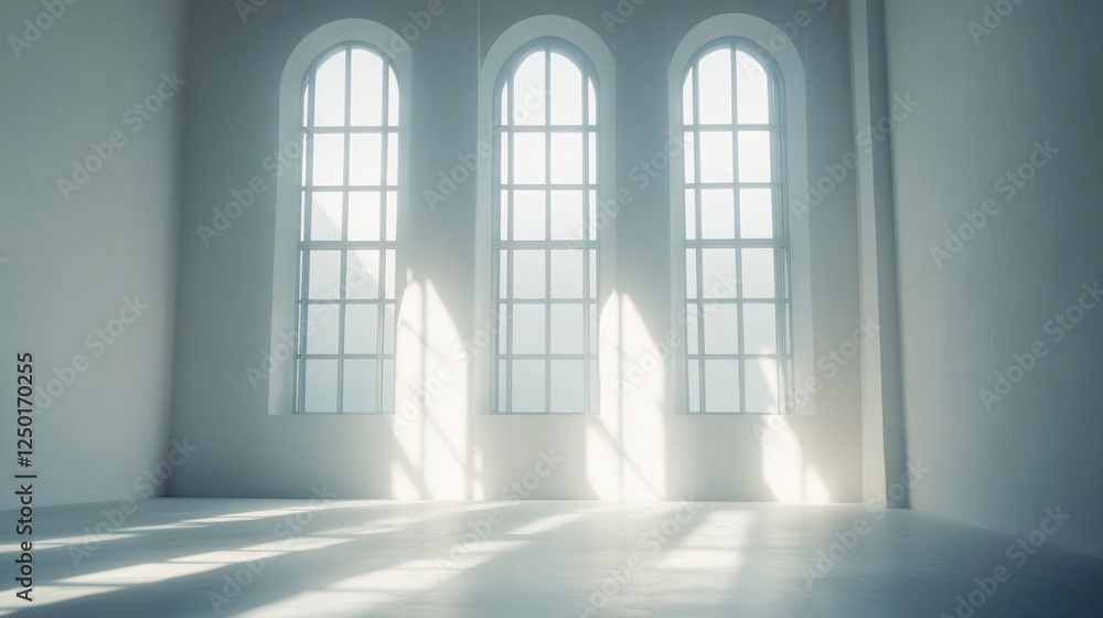 Poster sunlight streams through three arched windows in a minimalist white room.