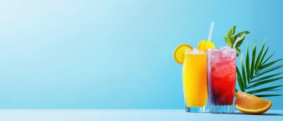Refreshing Summer Cocktails with Citrus and Mint on Blue Background