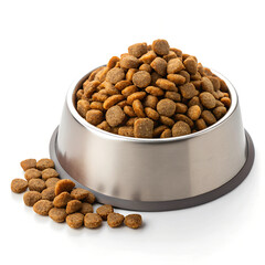 Animal bowl with dry feed on white background