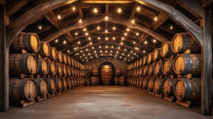 Aged Wine Barrels Stored In A Rustic Cellar